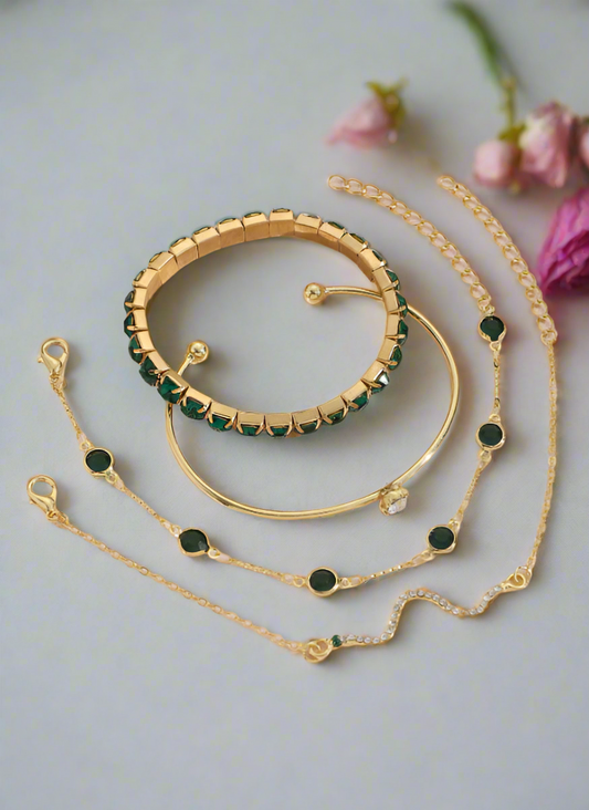 Trendy Rhinestone Snake Bracelet Set - 4 Pieces with Green Rhinestone Chain (Rhinestone Quantity Varies)