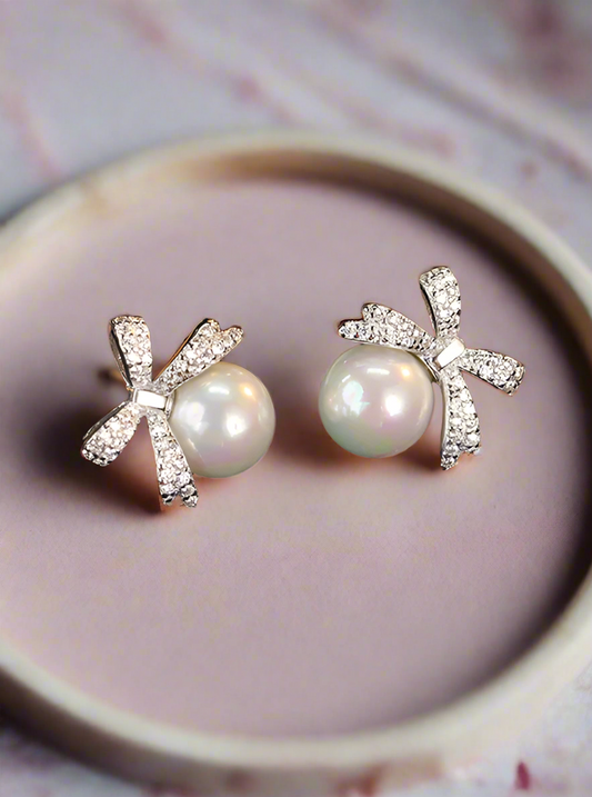 Bow Rhinestone and Faux Pearl Stud Earrings