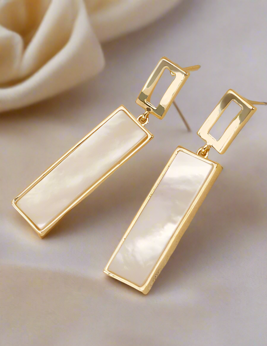 Elegant & Simple Vintage Style Long Rectangle Shaped Mother Of Faux Pearl Earrings