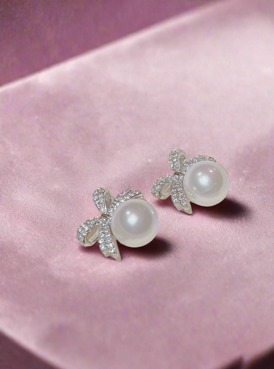 Bow Rhinestone and Faux Pearl Stud Earrings